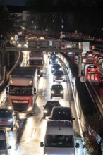 Evening traffic jam on the A40 motorway, Essen-Huttrop junction, traffic jam in both directions,