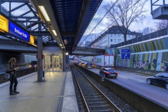 Underground station, Breslauer Straße U18, in the middle of the A40 motorway, Essen city centre,