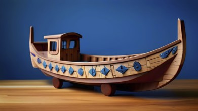 Vintage wooden boat toy with a playful design in front of blurred background, AI generated