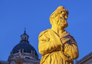 Statue of Praetorian Fountain and the dome of Santa Caterina church by night, Piazza Pretoria,