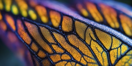 Vibrant butterfly wing with iridescent scales and network of veins, AI generated