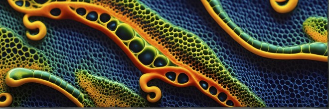 Nano material inspired by gecko feet with intricate patterns and vibrant colors representing