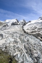 High alpine glaciated mountain landscape, La Jonction, Glacier des Bossons meets Glacier de