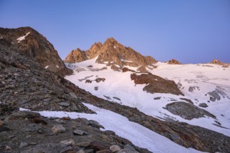 Rocky mountain peak, summit of the Aiguille de Tour at sunset, Chamonix, Haute-Savoie, France,