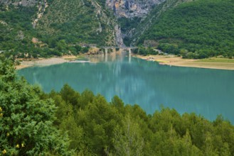 Mountain landscape with the Lac de Sainte-Croix reservoir and tree-covered slopes, summer, Lac de