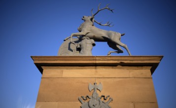 Heraldic stag by Anton von Isopis in front of the main portal and cour d'honneur Neues Schloss,