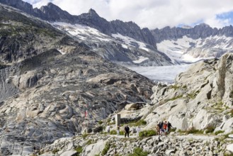 Rhone glacier, valley glacier in the headwaters of the Rhone in the Swiss Alps. Melting glacier,