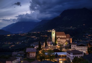 Night shot, New Parish Church of the Assumption of the Virgin Mary, Scena, Scena, South Tyrol,