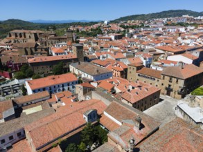 City view with many red tiled roofs and historic buildings under a blue sky, aerial view,