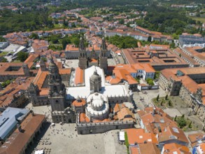 Aerial view of a city with a striking cathedral in the centre, surrounded by historic buildings