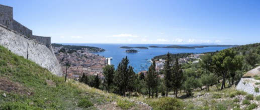 View from the castle to the old town of Hvar, island of Hvar, Dalmatia, Croatia, Europe