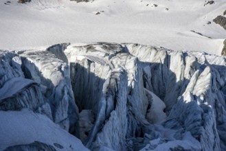 Glacier ice with crevasses, Glacier du Tour, Chamonix, Haute-Savoie, France, Europe