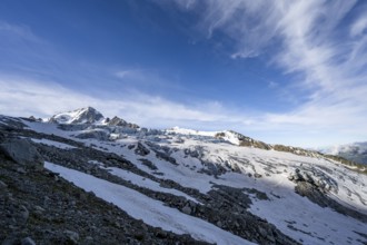 High alpine mountain landscape, summit of the Aiguille de Chardonnet and Glacier du Tour, glaciers