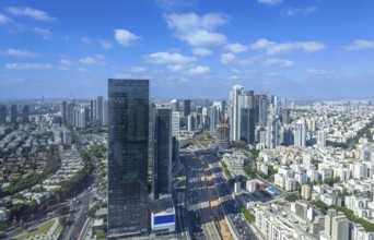 Israel, Tel Aviv financial business district skyline with shopping malls and high tech offices,