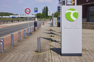 Stele in front of the main headquarters of Stahlhandel Carl Später GmbH at the inner harbour in