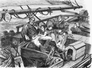 Fishing family on board, North Sea, East Frisia, Lower Saxony, one-master, wooden boat, fisherman,