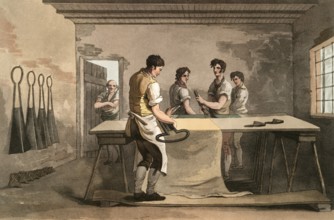 Scene from everyday life in England around 1810, The cloth dresser, tailor processing cloth,