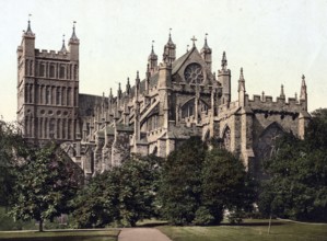 Exeter Cathedral, England, Historical, digitally restored reproduction from a 19th century