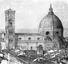 Duomo di Firenze, Florence Cathedral, 13th century cathedral, huge dome, square tower, side view,