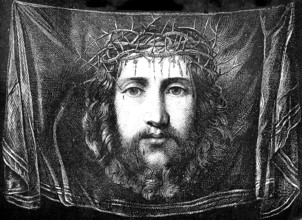 Shroud of St Veronica, imprint of the face of Jesus, crown of thorns, artist Antonio Allegri or