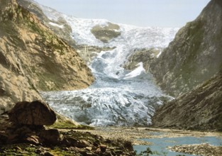 Loen, Kjendalskronebrae, Glacier break-off, Nordfjord, Norway, View from 1885, Historical,