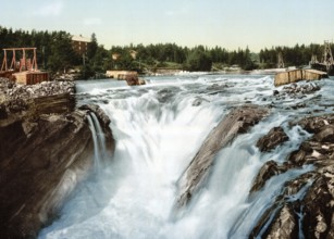 Hofsfossen with Honefos waterfall, Ringerike, Norway, View from 1885, Historical, digitally