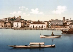 General view, Desenzano, Lake Garda, Italy, Historical, digitally restored reproduction from a 19th