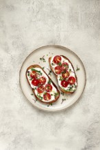 Sandwiches with cream cheese and cherry tomatoes, breakfast, homemade