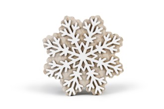 Single wooden and white winter snowflake ornament on white background