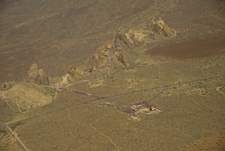 Roques de Garcia rock formation and Parador visitor centre, panorama from Alto de Guajara, 2717m,