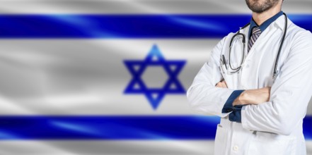 Unrecognizable Doctor with crossed arms on Israel flag. Israel health and medical insurance concept