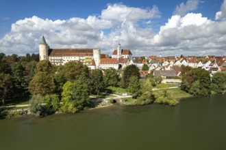 Aerial view of Lauingen on the Danube with the former Lauingen Castle and the parish church of St