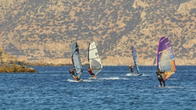 Windsurfers enjoy the sunny weather on the blue sea in front of a rocky coast, windsurfers, Meltemi