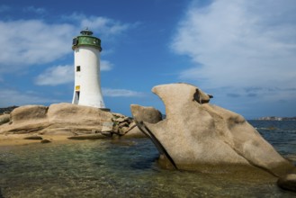 Lighthouse with beach and bizarre granite rocks, Spiaggia Porto Faro, Faro di Punta Palau, Palau,