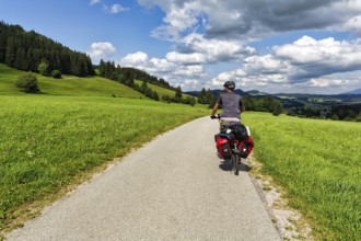 Cyclist riding on cycle path, hilly landscape with meadows, bicycle bags, panniers, Oberallgäu,