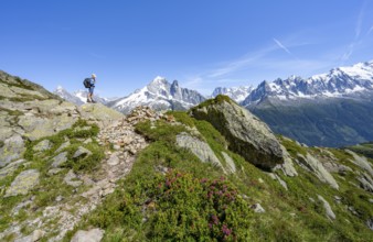 Mountaineer on a hiking trail in front of a mountain landscape, view of the mountain peaks Aiguille