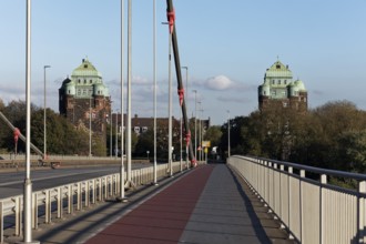 Historic bridge towers of the Friedrich-Ebert-Bridge, bridle belt bridge from 1954, Rhine bridge,