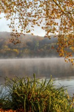 Headframe of the former Carl Funke colliery in Heisingen, autumn atmosphere at Lake Baldeney,