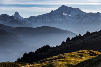 Swiss Alps, Matterhorn, evening light, dusk, fog, silhouette, Valais, Switzerland, Europe