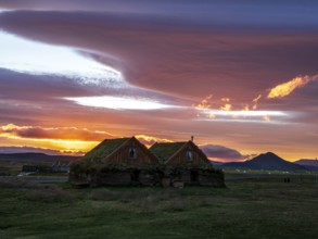 Sunset at Mödrudalur farm and guesthouse, church, dramatic cloud formation, northwest of