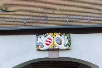 Neusorge Castle, family coat of arms on the tower house, Zschöppichen, Zschöppichen, Saxony,