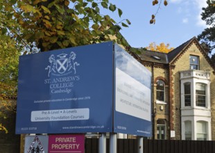 Sign for St Andrew's College school offering university foundation courses, Salisbury Villas,