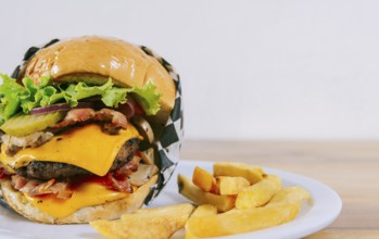 Homemade burger with french fries on a plate on wooden table. Big cheeseburger with fries served