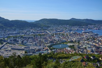 Panoramic view of a coastal town with harbour and a variety of buildings, surrounded by mountains