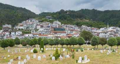 Landscape view of a village with white houses, red roof tiles and a minaret, under a cloudy sky,