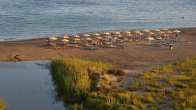 Evening light, beach, umbrellas, wetland, sedge, Frangokastello, Venetian fortress, castle, Sfakia,