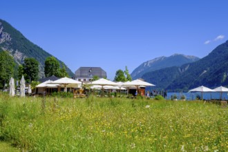 Waterfront promenade with cafés and bars, Pertisau am Achensee, Tyrol, Austria, Europe