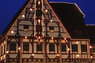 Advent calendar at the town hall, Christmas market in Forchheim, Upper Franconia, Bavaria, Germany,