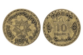 Moroccan coin worth 10 francs with star and Arabic script, obverse and reverse