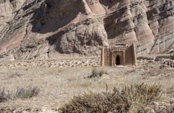 Ancient mausoleum, erosion landscape, Naryn province, Kyrgyzstan, Asia